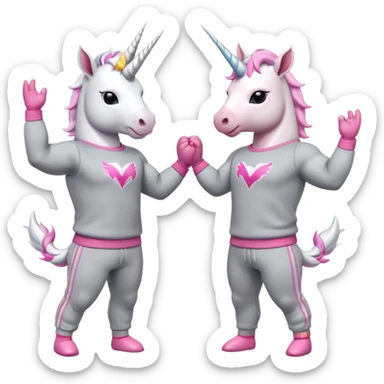two friendly anthropomorphised male white unicorns with fit, chunky, muscular and strong physiques, arms and legs matching the white of the head, both wearing grey tracksuit pants and pink jumpers, sunglasses, high-fiving each other sticker
