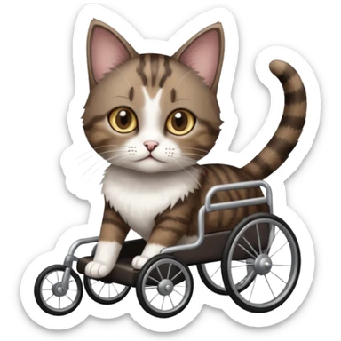 full body small short hair dark brown and white cat with hazel eyes walking in a wheelchair for cats sticker