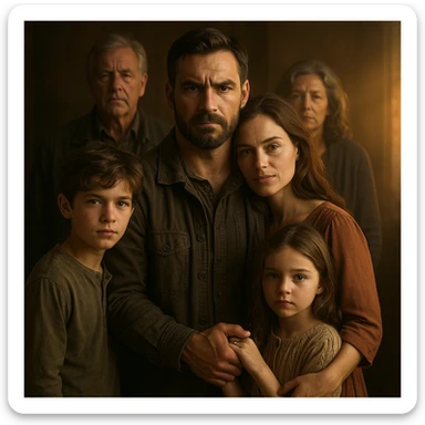 4K hyper realistic image of a masculine man with protective energy, parents behind, wife and children at his side, his hand holding his wife's, children close, dramatic warm light, cinematic style, family love and strength sticker