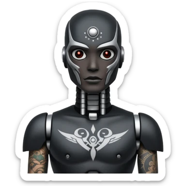 black metal Tatooed robot with rada, big many tatooes on chest, neck and face, white tatoo on face sticker
