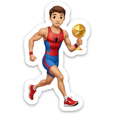 spiderman picking running a marathon with gold medal sticker