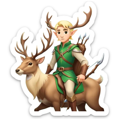 clash-of-clans-aesthetic-blond-male elf-archer-portrait-emoji, rendered in a flat, vector-style with minimal shading and bold, simplified shapes, head tilted slightly forward with a determined, focused expression, riding a majestic stag whose luminous antlers glow with mystical energy, set against an ancient, enchanted forest backdrop. sticker