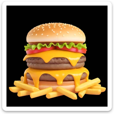 juicy triple-patty cheeseburger with melting triple cheese, crispy golden French fries on the side, hot steam rising from the food, fresh, delicious, sizzling hot, appetizing cartoon emoji style, high detail, bright colors sticker