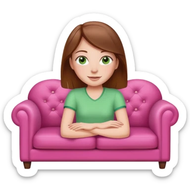 ￼ Happy ￼White girl, brown hair with green eyes and freckles sitting on the couch and the couch is pink ￼￼ sticker