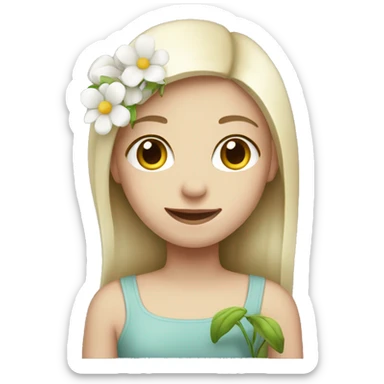 A girl with white skin holding a flower sticker