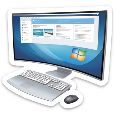 Create an emoji for UX/UI design. Show  large curved monitor displaying windows with UX/UI design HTML program interface. Include a mouse, keyboard, and stylus next to the screens. Use modern, professional colors. Do not include any emojis or smiley faces. Make the background transparent. sticker