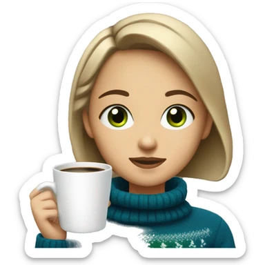 Light brown short haired girl with green eyes drinking coffee wearing blue Christmas sweater sticker