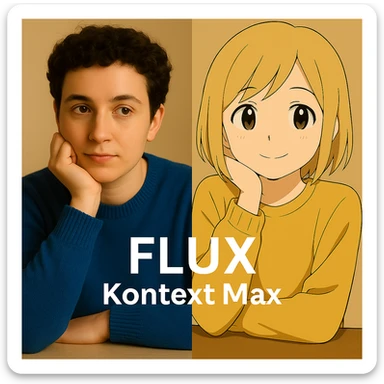 same similar image but chnage the text to "Flux Kontext Max", change people and pose too sticker