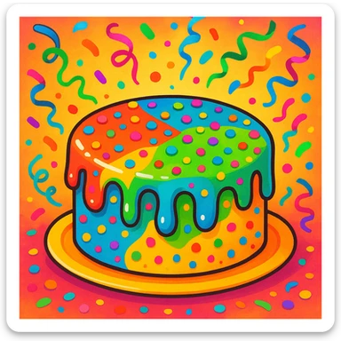 festive cake with colorful glaze and confetti, fun style sticker