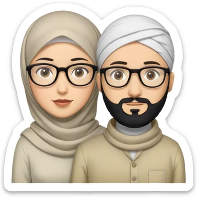 modest male and female couple. male has a medium black beard, short black hair, and glasses. female wear hijab with no hair exposed. both wearing modest clothing. sticker