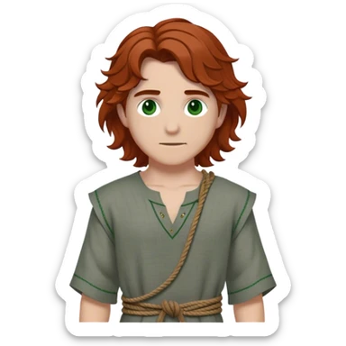 Medieval spring outfit worn by a DnD themed fantasy male character. Heather gray linen tunic with rust-colored thread detailing at the shoulders, tied with a simple rope belt. Clothes only above the waist, full waist coverage. The character has no arms. Character is white-skinned with dark copper hair, forest green eyes, and shoulder-length wavy hair. sticker