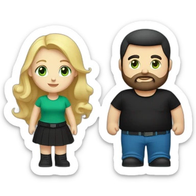 A blond chubby girl. She has blue eyes. A black haired and bearded man with green eyes. The man wears a black t-shirt. The woman is wearing a black skirt and a blue shirt sticker