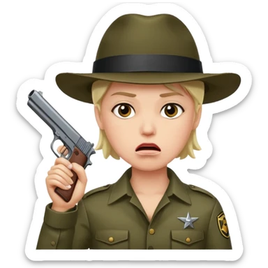 Someone frowning with their hand up in surrender holding a gun to their mouth sticker