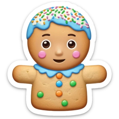 {
    "type": "object",
    "look": "frosted cookie man, colorful sprinkles, glossy icing top, front view",
    "description": "a sweet cookie man covered with frosting and rainbow sprinkles"
  } sticker