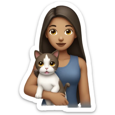 Tan girl with dark brown hair holding a white cat sticker