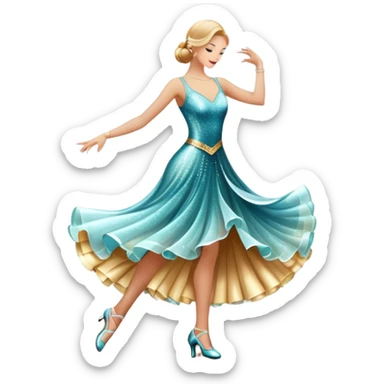 Humanless Icon for Ballroom Dance: elegant ballroom dance shoes, a sparkling dress, and a dance floor with a spotlight. The icon should capture the grace and elegance of ballroom dancing, with emphasis on movement and rhythm. Transparent background. sticker