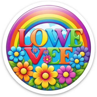 A round psychedelic colored button that says love, peace, and joy with rainbow colored hippie style flowers sticker