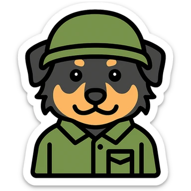 black-tri Mini American Shepherd in a camo green soldier uniform and green helmet sticker