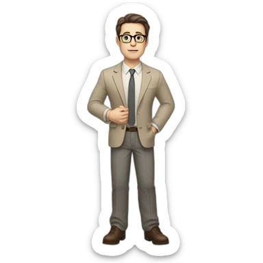 Full height Gesticulating Pale skinned fit man with dark brown hair in gray jacket, beige office shirt, brown tie, brown pants and vintage glasses. sticker