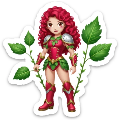 full body woman long curly brown hair brown eyes white skin tattoos muscular build dressed as strawberry spirit, glossy berry armor, leaf boots, confident pose sticker