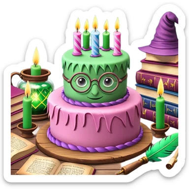 Harry Potter themed pink birthday cake with green 'Happy Birthday Harry' icing, surrounded by wizard books, candles, potion bottles, feathers, and glasses on wooden table, magical atmosphere." sticker