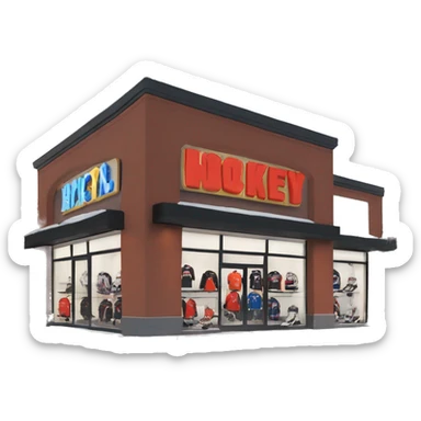 “Hockey store exterior with bold signage, large windows displaying hockey equipment, jerseys, and gear, and a sleek, sporty design that captures the essence of the sport.” sticker