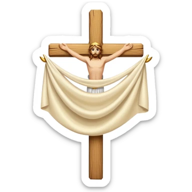Cross made of wood, the top of the tip of the cross, a golden cross, and a white cloth hanging over the two arms of the cross sticker