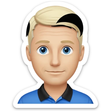 Avatar pic male 35 years old gray hair blue eyes clean shaven blonde eyebrows high cheekbones sly smile long eyelashes wearing a black golf shirt sticker