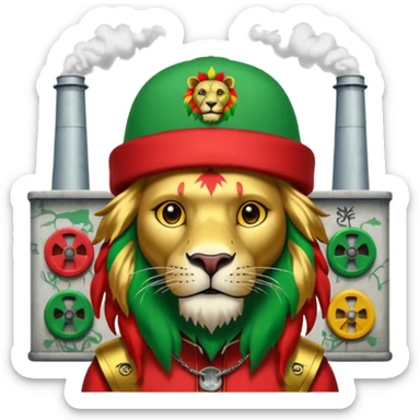 Create a power station with a rasta cap on with red gold green grafite of a lion and skulls with Fred the fossibot written on it sticker