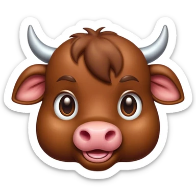 Cinematic Cute Brown Bull Portrait Emoji, Head tilted playfully and inquisitively, featuring a glossy, robust brown hide with a natural sheen, round, sparkling dark eyes filled with gentle curiosity, Simplified yet irresistibly adorable features, highly detailed, glowing with a warm, friendly glow, high shine, affectionate and imposing, stylized with a touch of rugged charm, bright and endearing, soft glowing outline, capturing the essence of a mischievous yet loving bull, so playful it feels like it could stomp out of the screen and into your arms! sticker