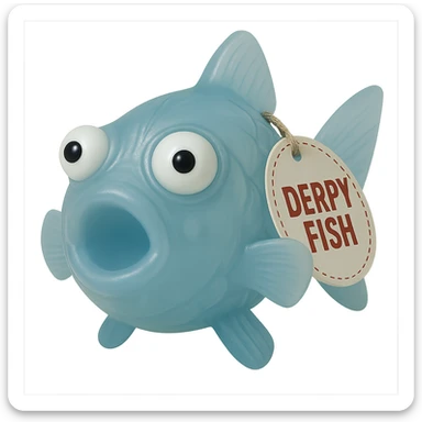 Edit the image to change the retro toy tag on the fin to say 'Derpy Fish'. Make sure the fish is looking perfectly straight at the camera. Keep the see-through, semi-transparent blue plastic, eyes going in opposite directions, hyper-detailed, soft plastic 90's toy look. Remove the background. The style should reflect a see-through, semi-transparent blue plastic 90's toy with hyper-detailed soft plastic texture and derpy eyes. sticker