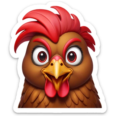 Cinematic Comical Brown Chicken Portrait Emoji, Head tilted dramatically with an exaggeratedly amused expression, featuring a striking, glossy brown plumage with a vibrant red comb, wide, expressive beady eyes filled with playful disbelief, Simplified yet hilariously expressive features, highly detailed, glowing with a slightly sassy glow, high shine, dramatic yet playful, stylized with an air of cheeky mischief, bright and endearing, soft glowing outline, capturing the essence of a spirited and over-the-top chicken, so meme-worthy it feels like it could cluck its way into internet fame instantly! sticker
