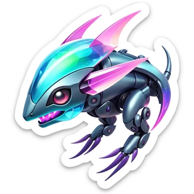  Epic legendary rare glowing mechanical Shiny sparkly transparent bioluminescent luminescent vibrant bright pastel dark exotic iridescent colorful gradients futuristic modern metallic glossy glittery fantasy-cyber-Fakémon-Pokémon-Vernid-creature sticker