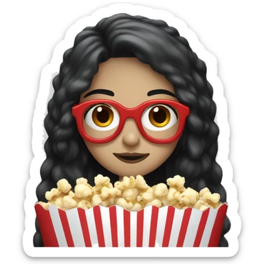 Pale girl with long black hair eating popcorn with red and blue glasses sticker