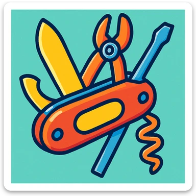 a multitool, like a pocket-knife with multiple tools, vibrant cartoon style, colorful and lively sticker