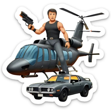 Icon for Action Movie: A vintage movie poster-style design featuring intense action scenes with explosions, weapons, and dramatic poses of Stallone. Include cars and helicopters flying out of flames in the background. Bold typography and retro cinematic style. Transparent background. sticker