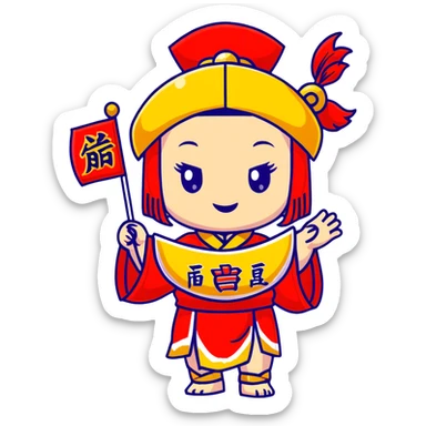 cute chibi girl wearing a big red embroidered mamian skirt, gold hair accessories, red envelope hair clip, cartoon lion dance helmet, holding a gold '恭喜发财' banner with both hands, smiling, full body, main colors red and gold, strong Chinese New Year vibe, soft cute style sticker