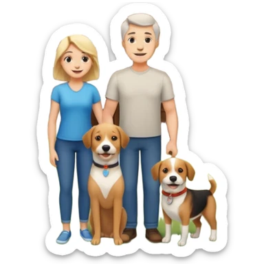 a mom and dad standing in front of a house with their son and a dog next to them sticker