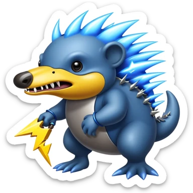 a fantastical dangerous and spooky electric platypus merged with a hedgehog with sharp teeth, metal electric spikes, and strong fangs, electricity and lightning coming, menacing look, yellow and blue ligning bolts sticker