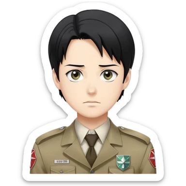 Levi Ackerman from Attack on Titan, with black hair, gray eyes, and wearing Survey Corps uniform sticker