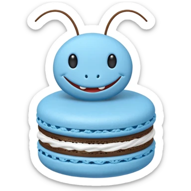 A cartoon cricket on a blue macaron with white frosting to be an icon image sticker