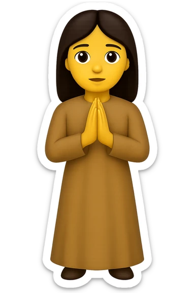 Show the woman standing and praying from the front view, wearing a long tan dress, with dark brown hair, in emoji style. Remove the background. sticker