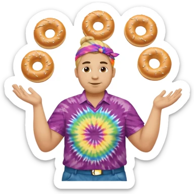 Large man w Blond manbun juggling plain bagels (no sprinkles) with tie die shirt sticker