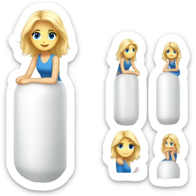 Pretty blonde haired girl with blue eyes sitting on a white cylinder  sticker