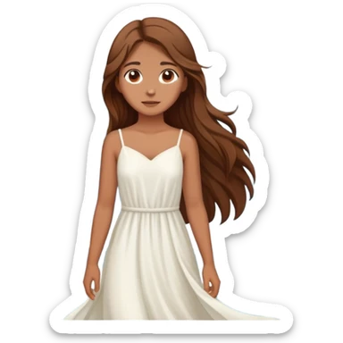 Girl with long brown hair wearing a flowing white dress, standing where the sea meets the mountains sticker
