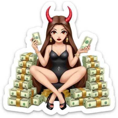 Sensual seductress long brown straight haired sexy drug lord woman with  glitter platform high heels on her feet,  and devil black horns on her head, holding a stack of cash, has a phone in other hand. Sitting on  Cases of drugs. Evil  sticker