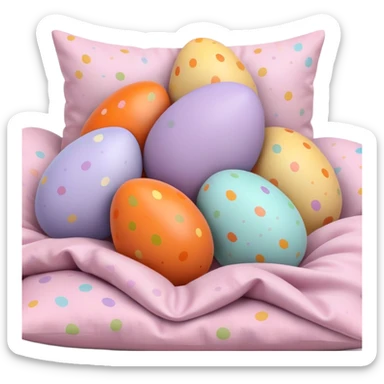 Realistic Easter eggs in pastel colors, some orange and carrot shaped, in a pile hidden behind pillows sticker