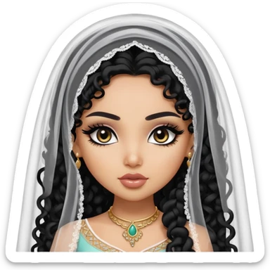 South West asian beauty, pretty bratz baddie, black eyeliner, long black curly hair, veil, light skin sticker