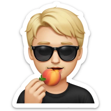 a blonde haired man with black sunglasses eating a peach  sticker