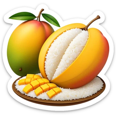 Cinematic Realistic Mango Sticky Rice Dessert Emoji, showcasing sweet sticky rice paired with ripe mango slices and coconut milk rendered with lifelike detail and warm, inviting lighting. sticker